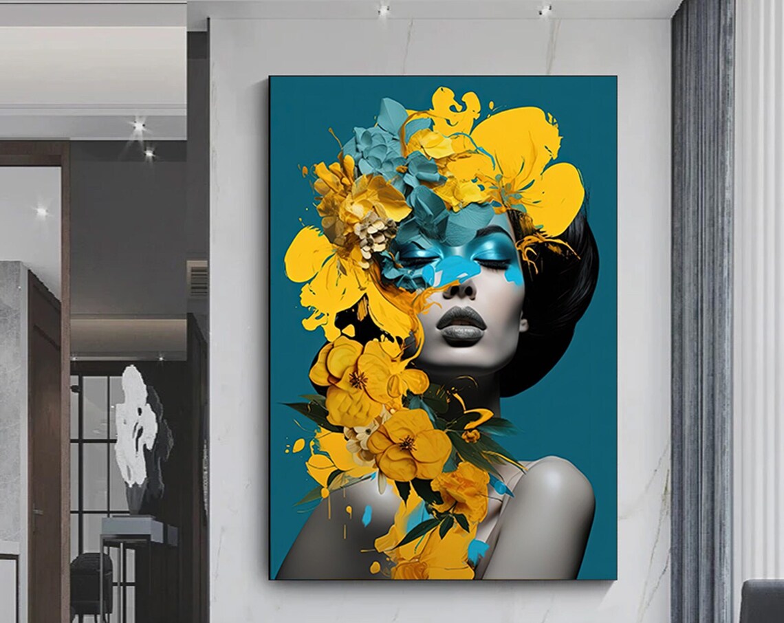 Woman with Yellow Flowers Teal Background Floral Fashion Art Poster