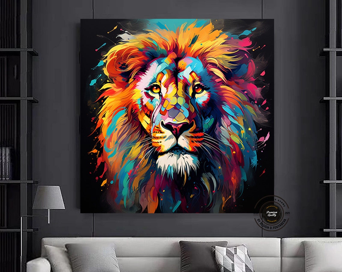 Lion Wall Art Decor Modern Pop Print Large Colorful Prints Abstract Animal Above Bed