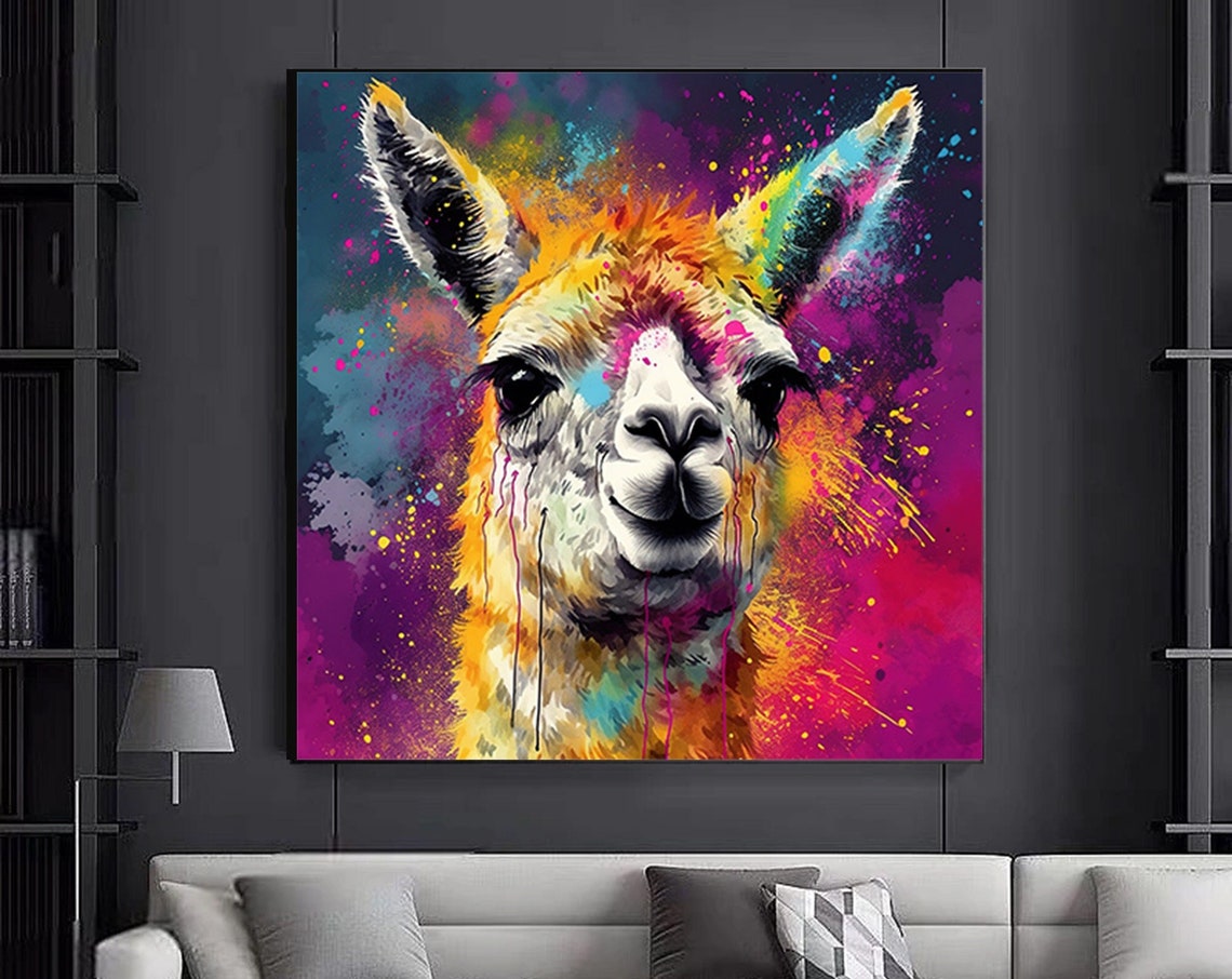 Colorful Neon Llama Portrait Paint Splatter Pop Art Style Poster