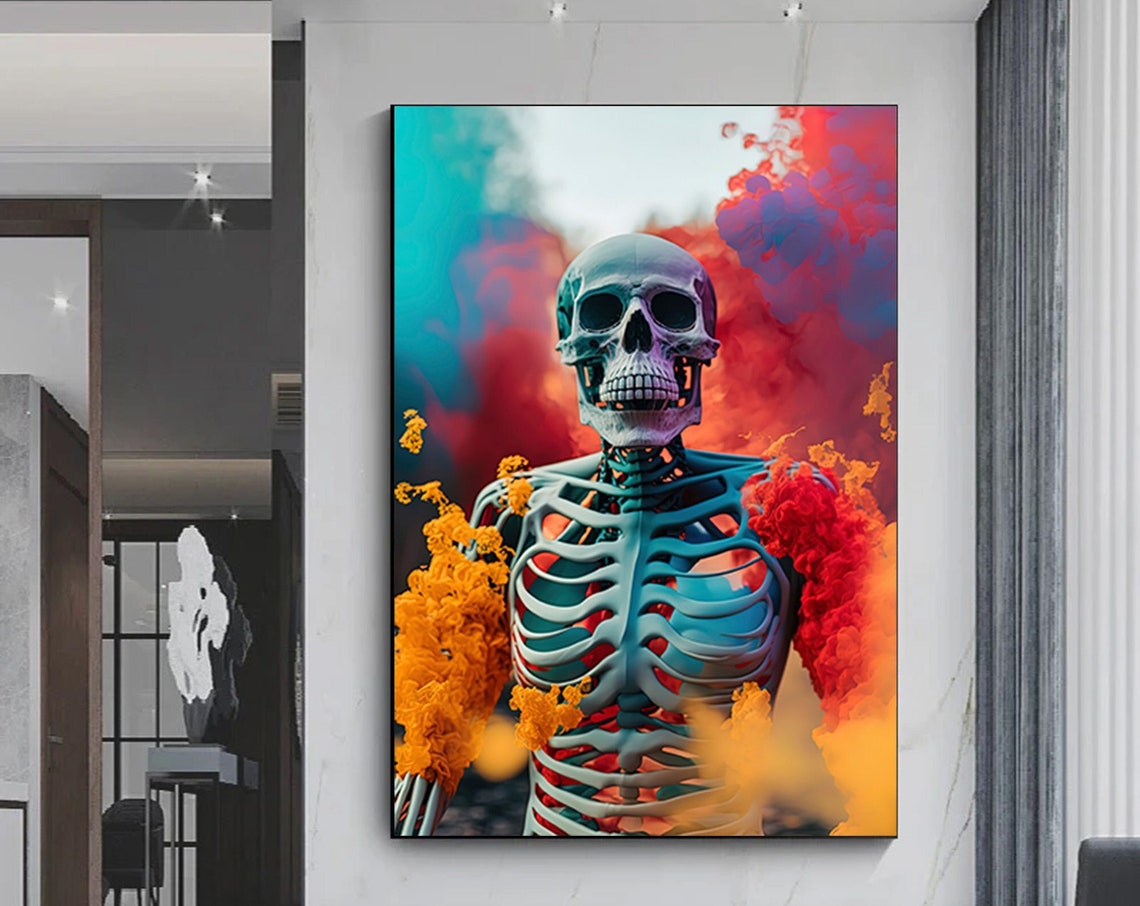 Skeleton Emerging From Colorful Smoke Clouds Dark Fantasy Poster