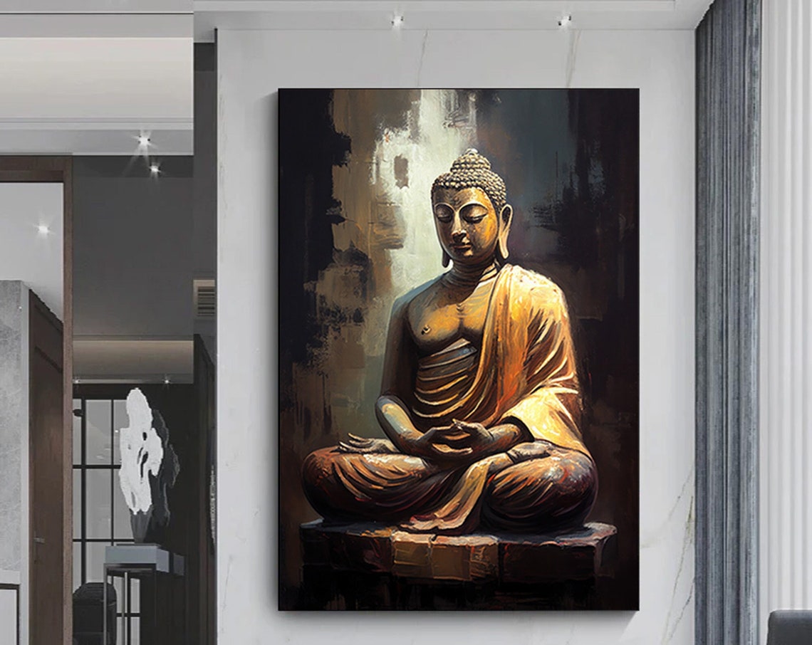 Buddha Meditating Bronze Statue Painting Serene Zen Wall Poster