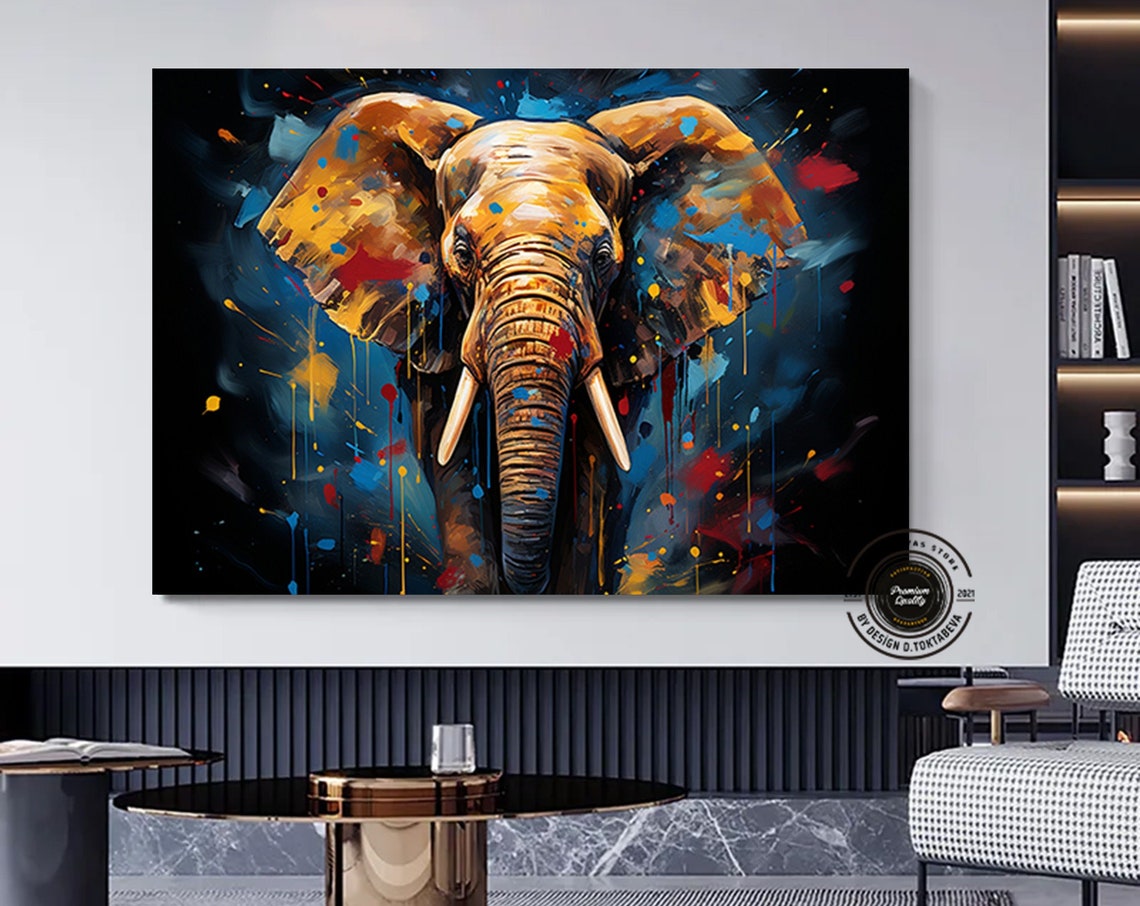 Elephant Head with Gold Paint Splatter on Dark Canvas Poster
