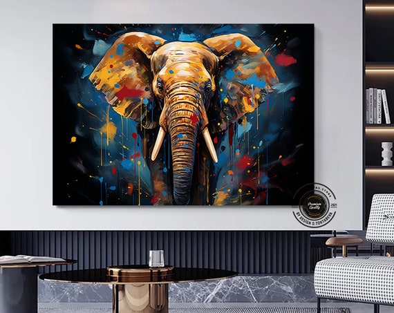 Elephant Print Art On Canvas Large Pop Wall Colorful Painting African Decor