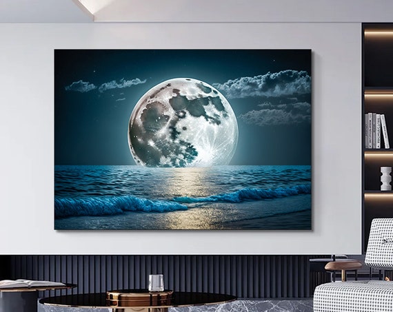 Full Moon In The Ocean Is Mirrored Canvas Paintingfull Wall Art