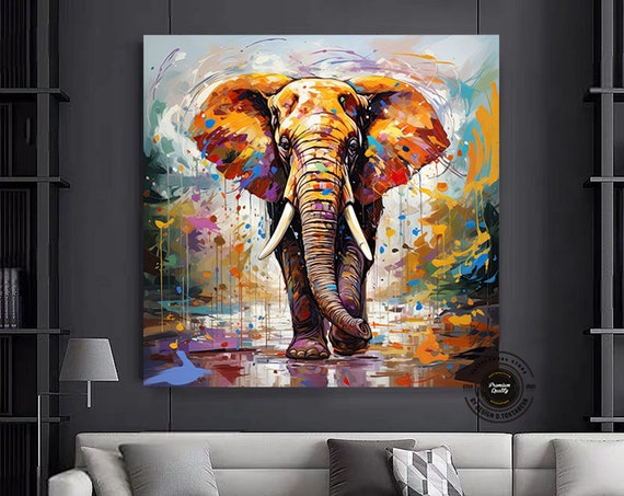 Elephant Print Art On Canvas Large Pop Wall Colorful Painting African Decor