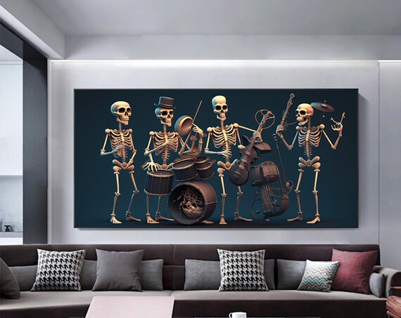 Skeleton Jazz Band Playing Music Instruments Funny Halloween Poster