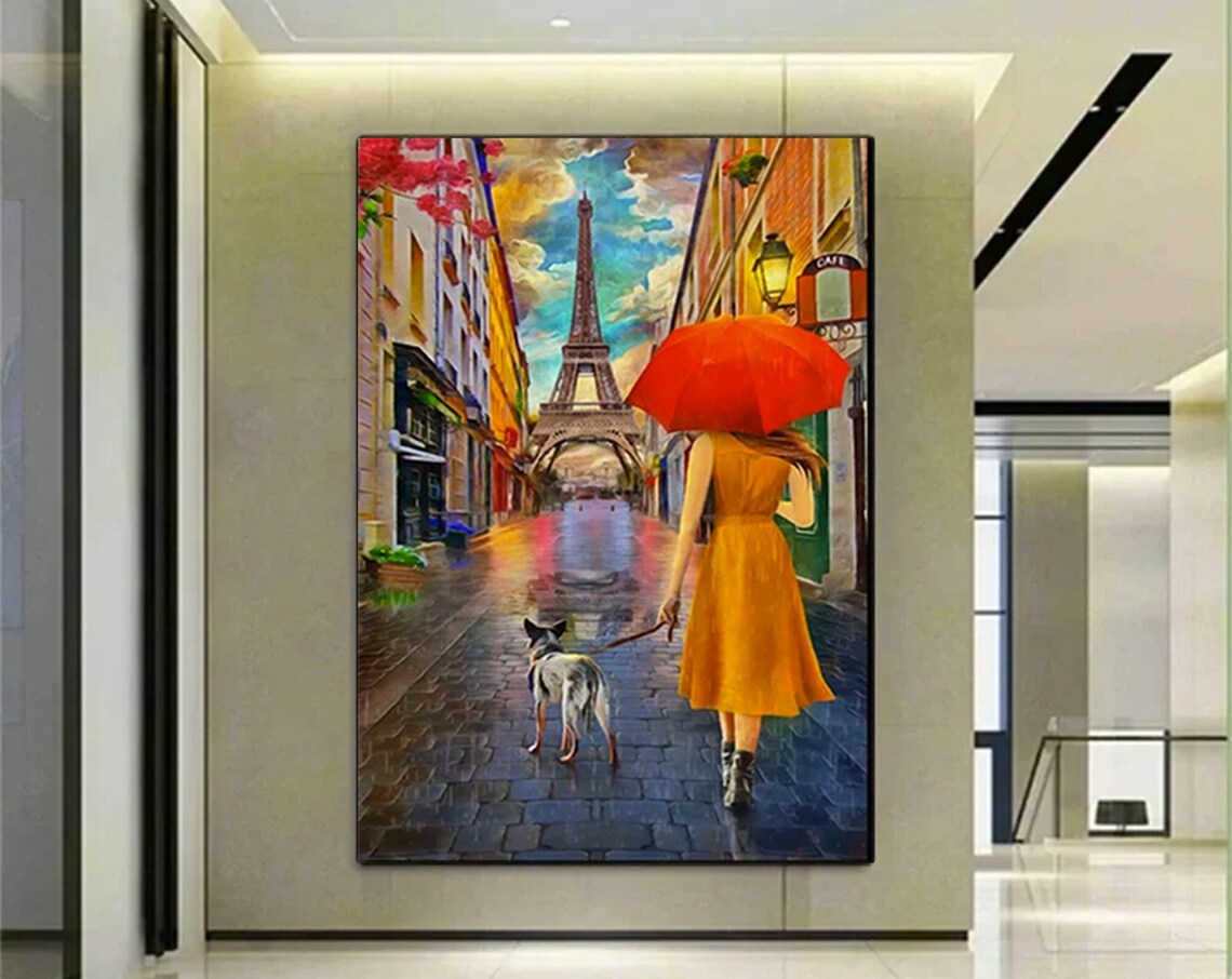 Red Umbrella Couple Eiffel Tower Minimalist Art Print