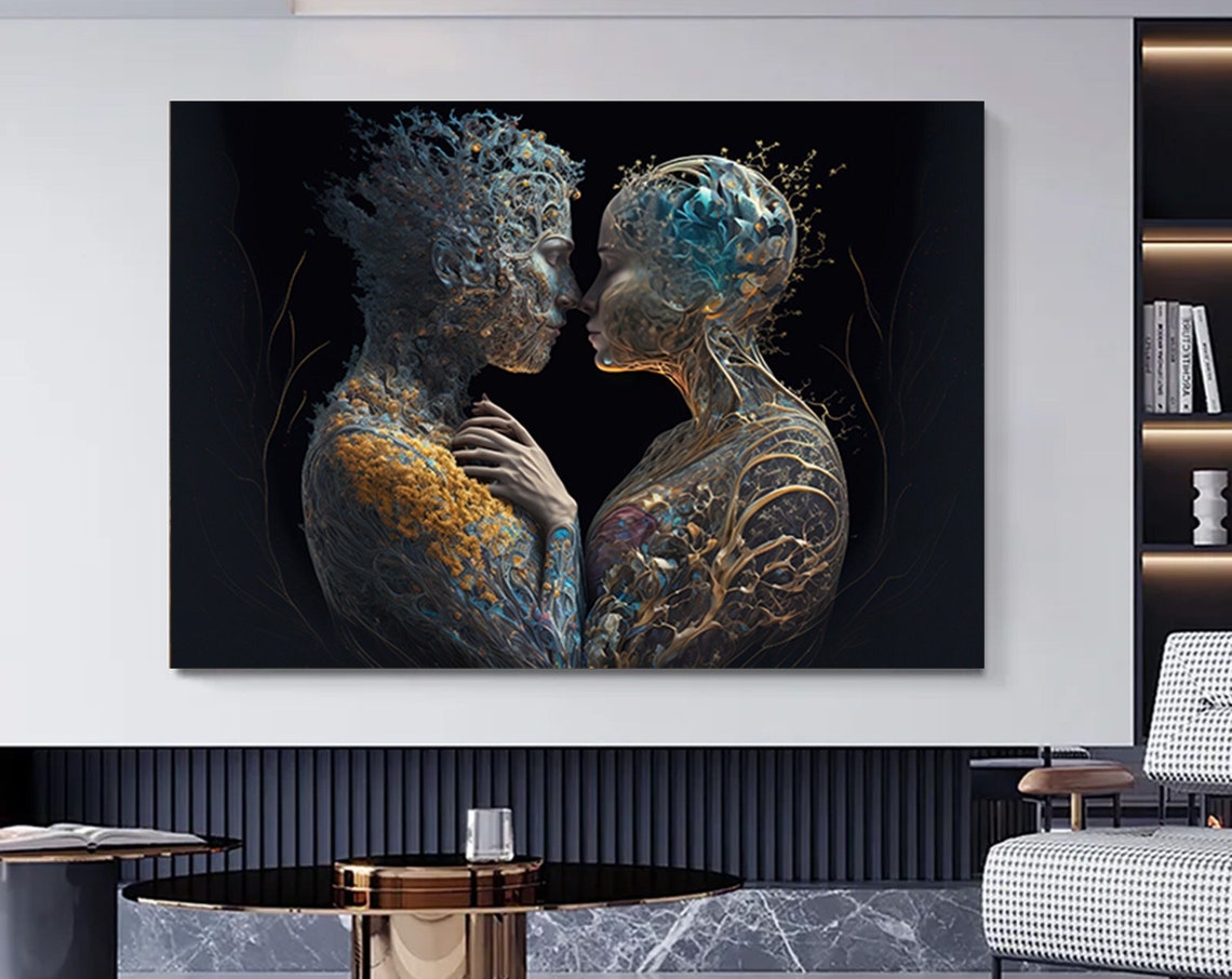 Surreal Lovers Embrace Cosmic Fractal Floral Dark Romance Poster