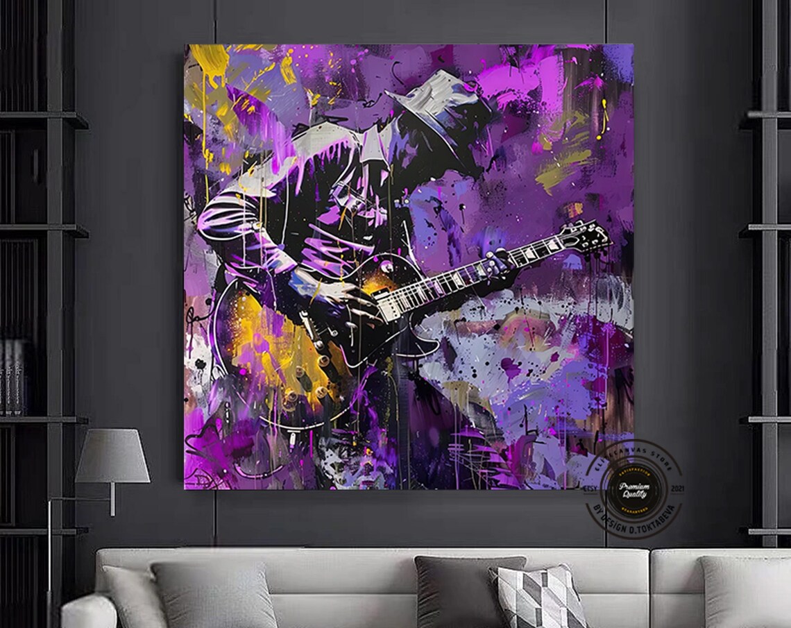 Guitarist Purple Graffiti Splash Electric Rock Concert Art Poster