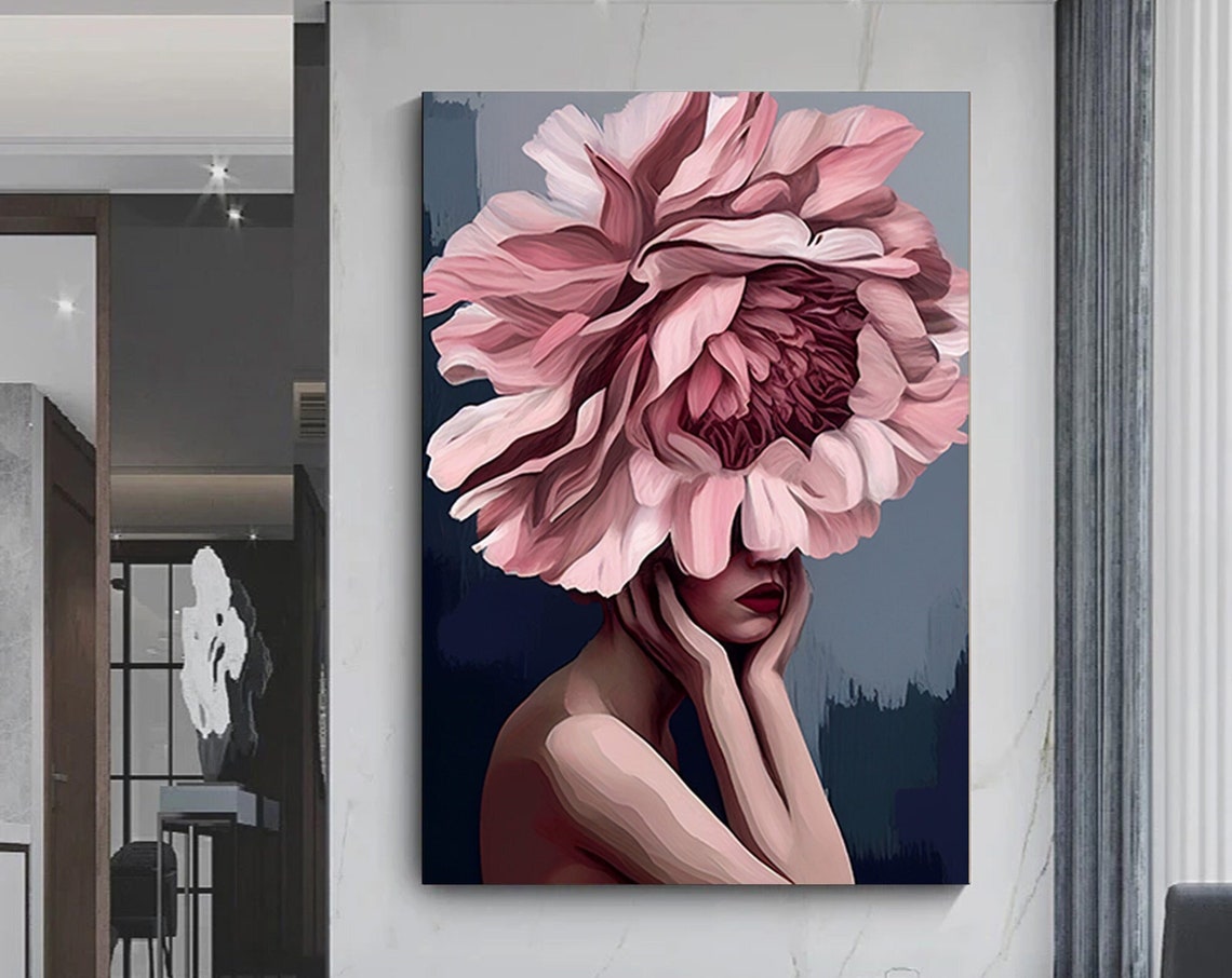 Pink Peony Flower Head Woman Surreal Modern Art Portrait Poster