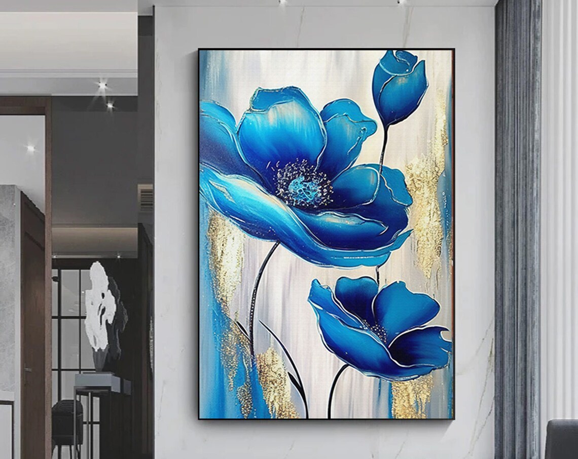 Blue Poppy Flowers Gold Leaf Elegant Floral Painting Art Poster