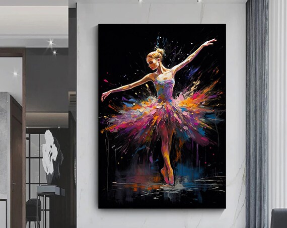 Colorful Ballerina Paint Splash Dancer Black Background Art Poster