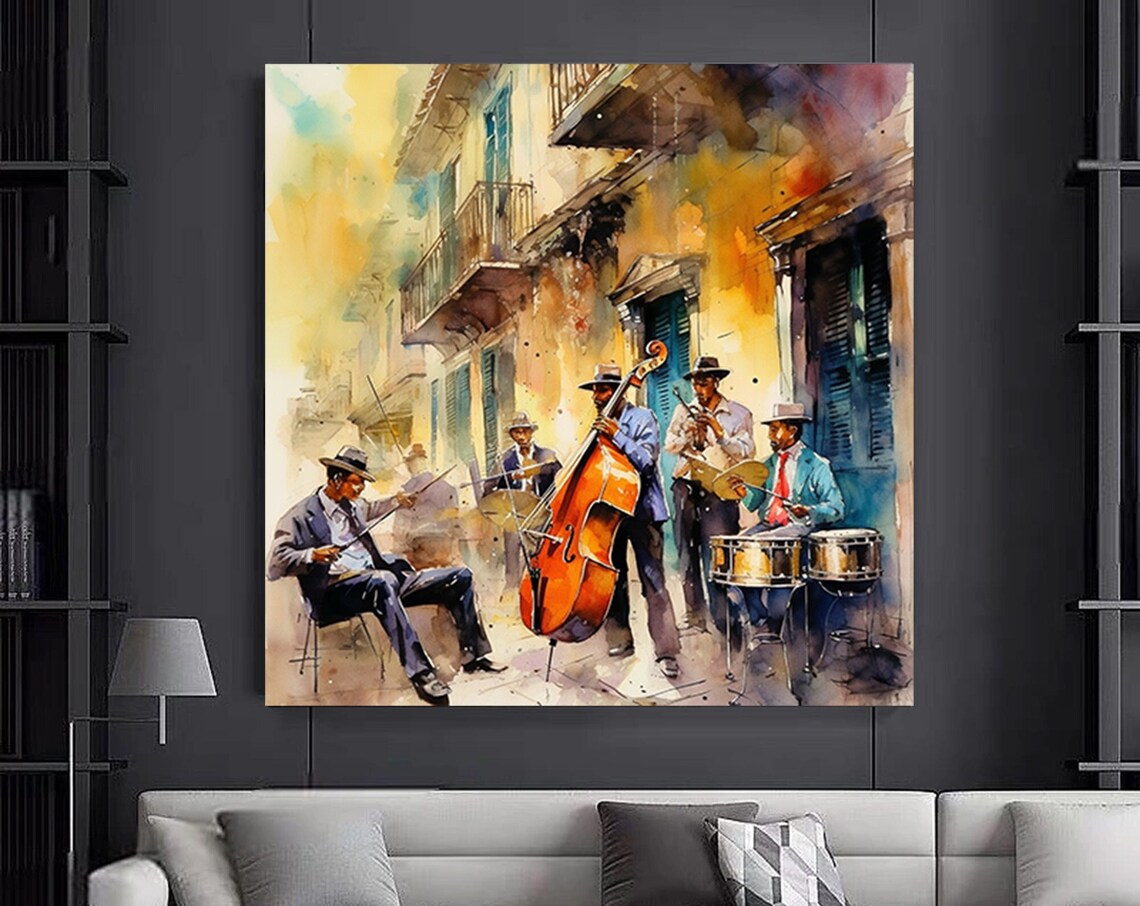 Watercolor Street Jazz Band Playing on Old Town Corner Poster