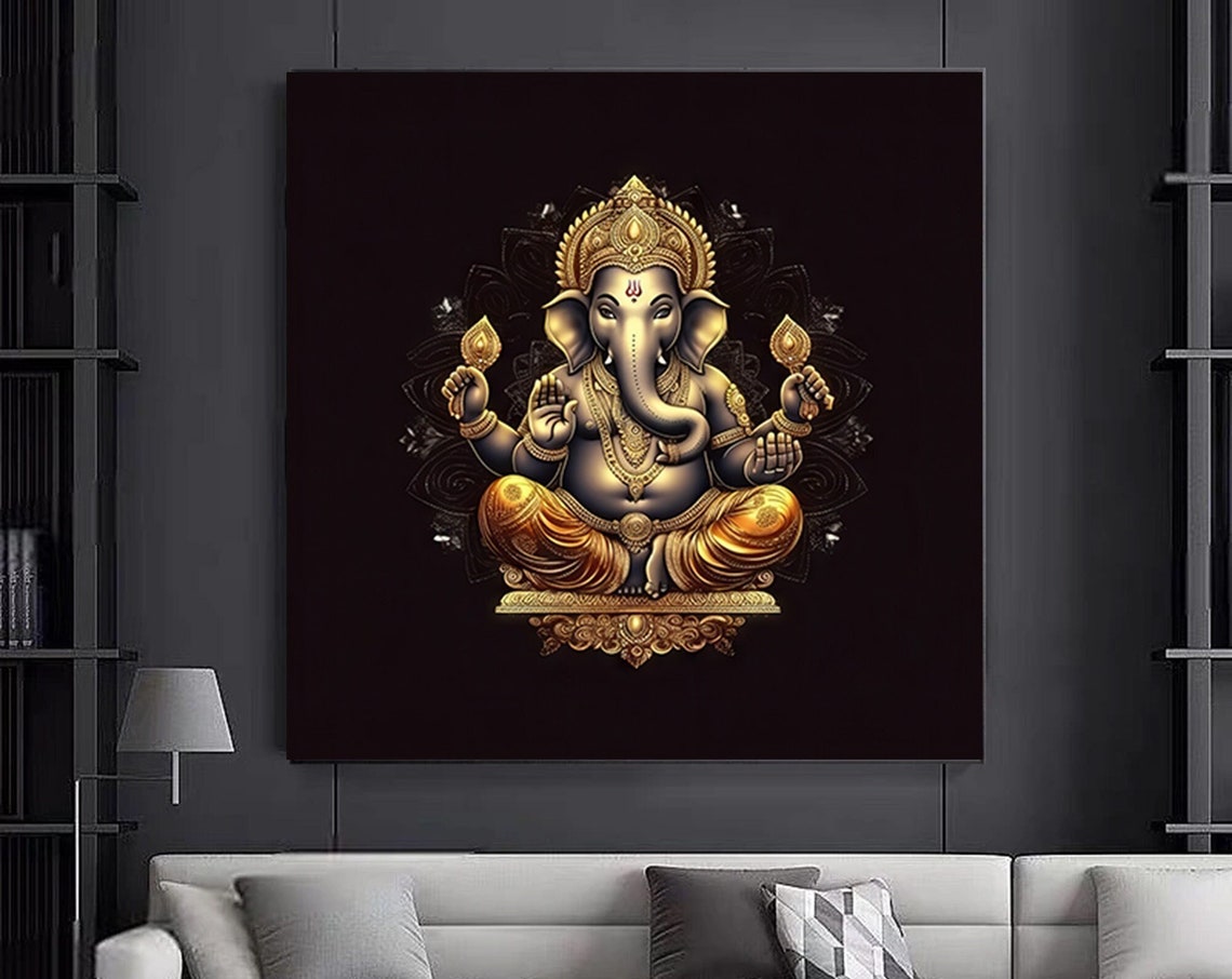 Golden Lord Ganesha Seated On Black Hindu Deity Ornate Poster