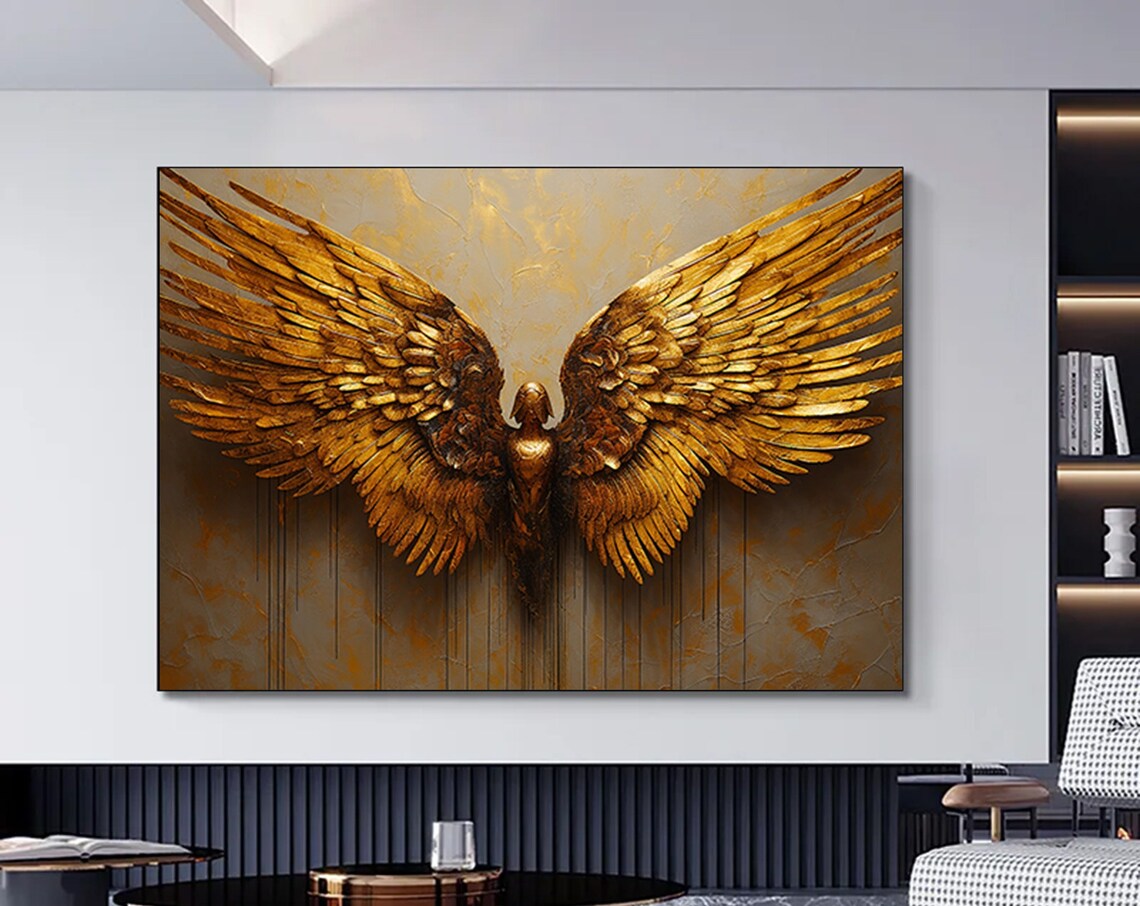 Golden Angel Wings Bronze 3D Relief Elegant Spiritual Decor Poster