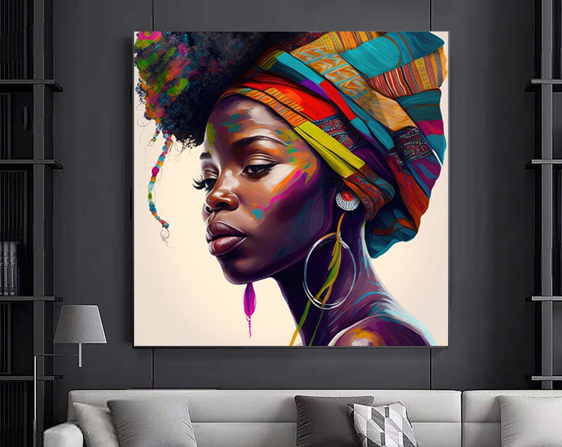 African Woman Vibrant Headwrap Colorful Portrait Painting Poster