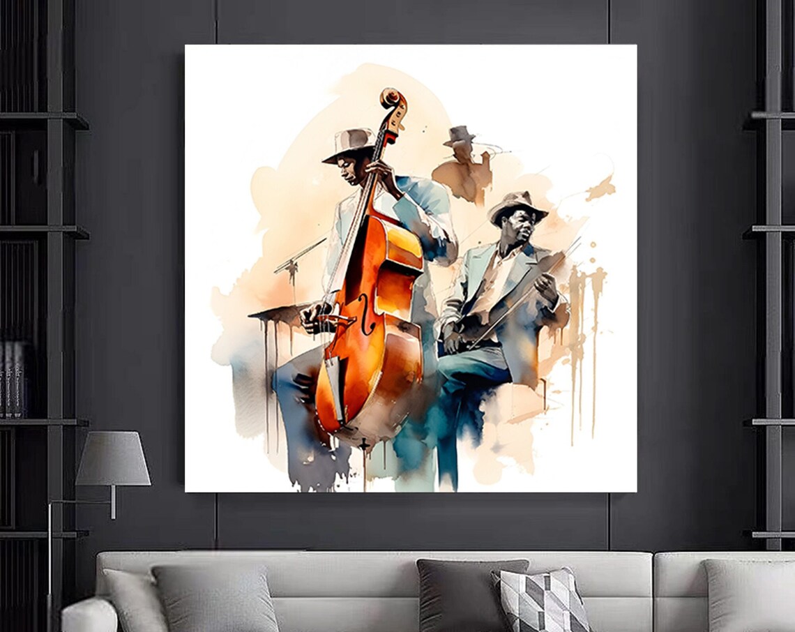 Watercolor Jazz Duo Double Bass and Guitar Player Art Poster