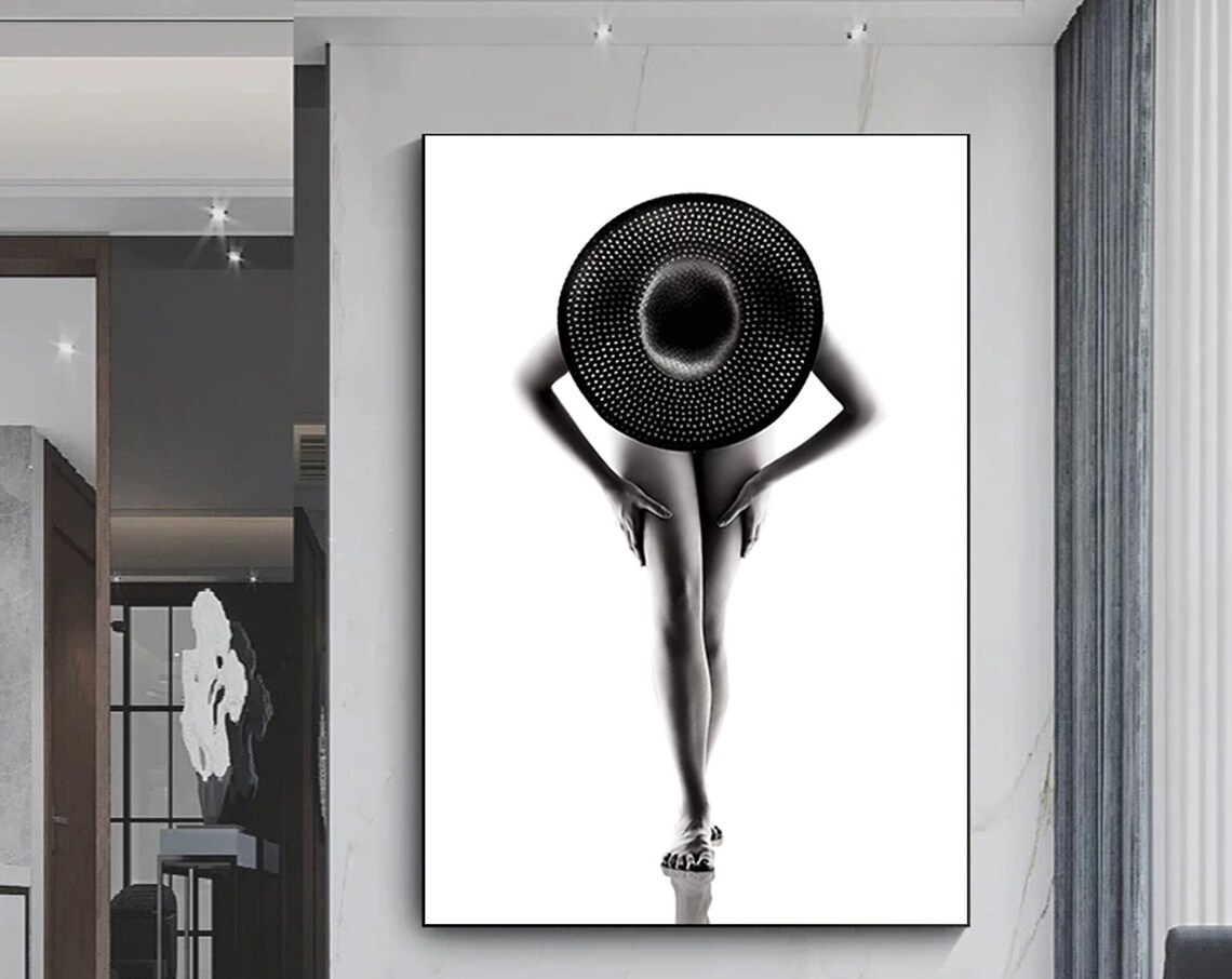 Bold Black White Nude Woman Big Hat Artistic Figure Photo Poster
