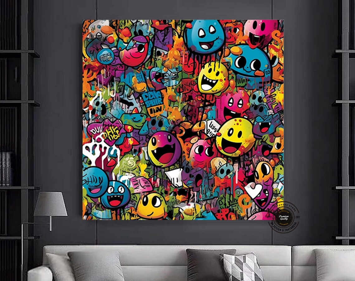 Graffiti Cartoon Smiley Faces Colorful Sticker Art Style Poster