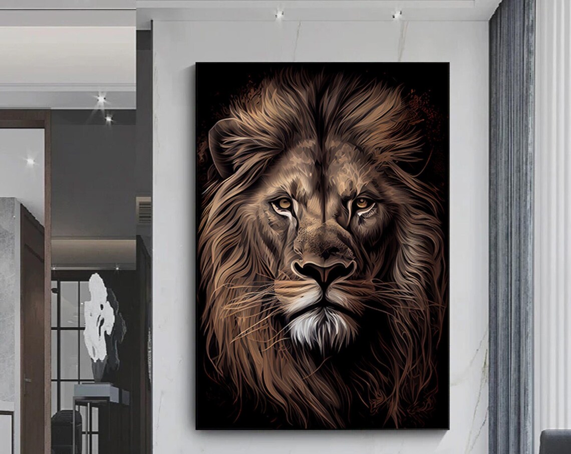 Majestic Lion Portrait Flowing Mane Dark Dramatic Art Poster