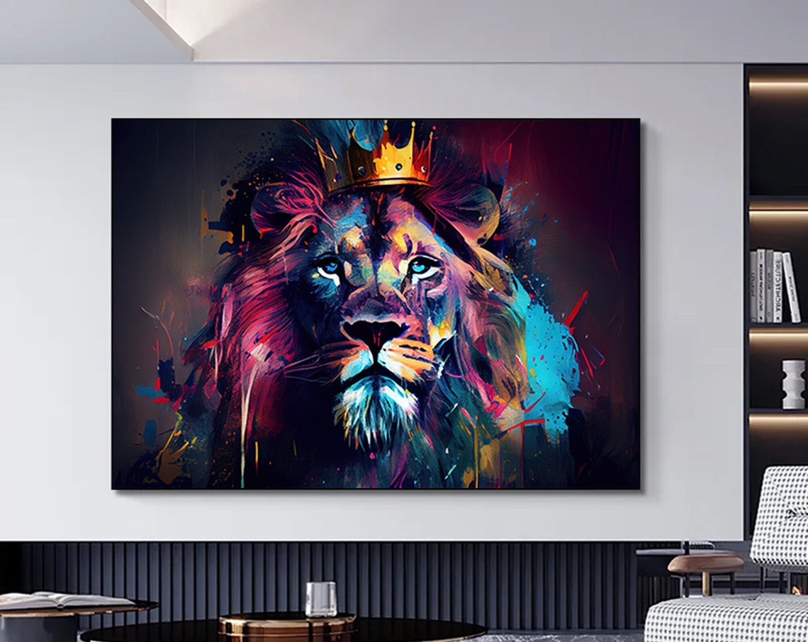 Crowned Lion Graffiti Pop Art King with Golden Crown Colorful Poster