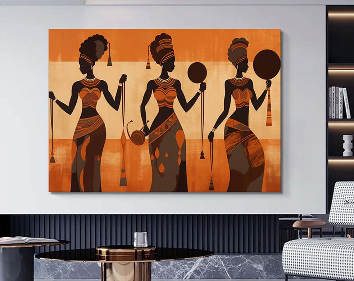 Three African Women Silhouettes in Orange Tribal Style Painting Poster