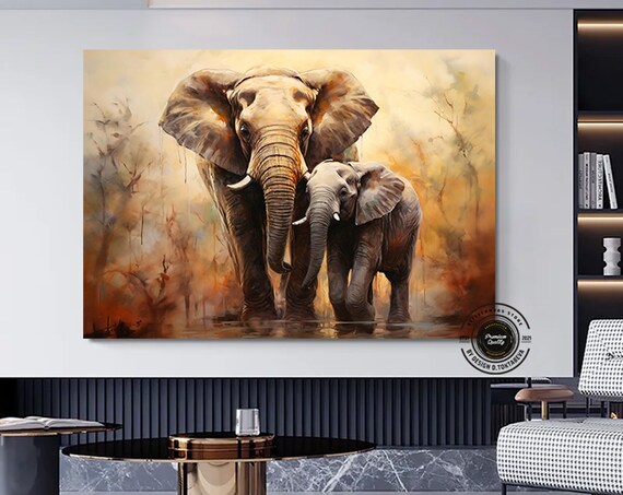 Elephant Mother Baby Watercolor Savanna Wildlife Art Portrait Poster