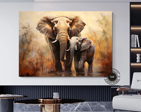 Mother And Baby Elephant Print Walking Canvas Wall Art Painting Animal Kingdom Ready To Hang