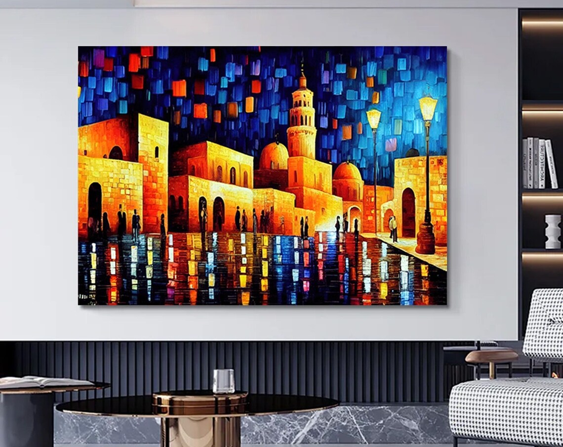 Old Town Night Street Mosaic Painting with Colorful Reflections Poster