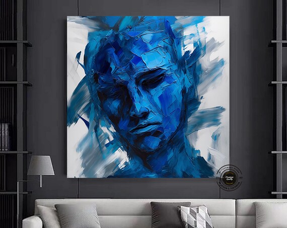 Serene Blue Abstract Face Painting Textured Oil Style Art Poster