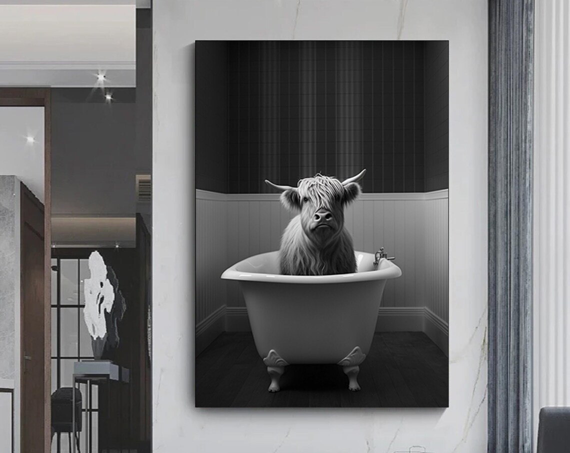 Highland Cow Sitting in Bathtub Funny Black White Photo Art Poster