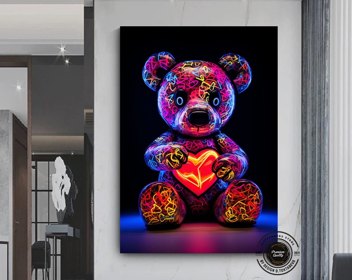 Neon Graffiti Teddy Bear Glowing Heart Sweet Cute Art Poster