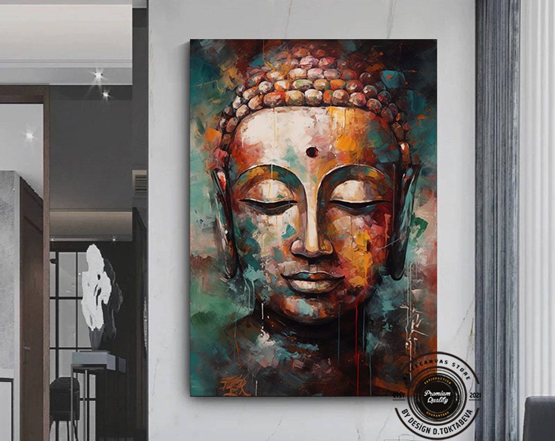 Serene Buddha Face Abstract Painting in Teal and Orange Tones Poster