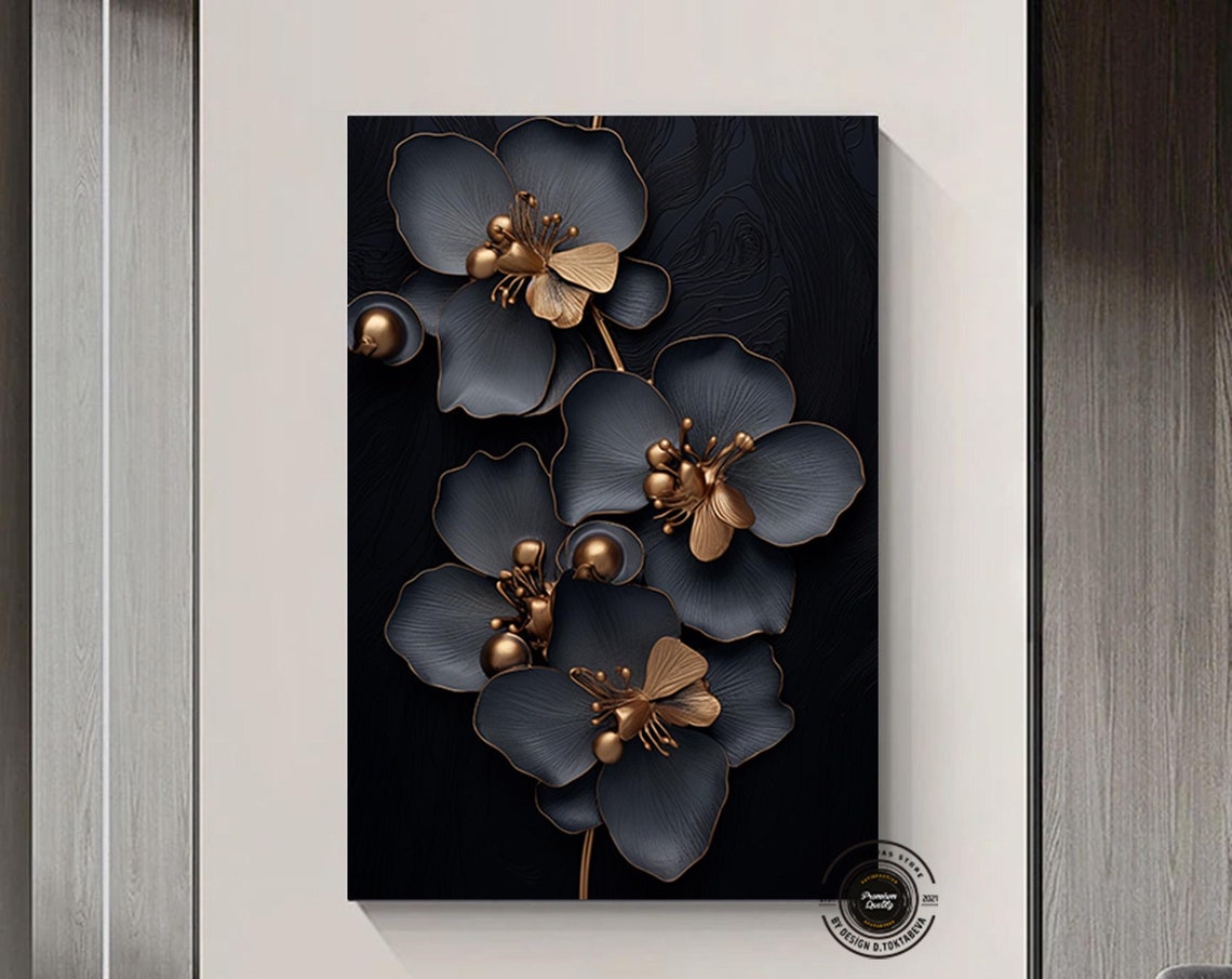 Black Flowers Gold Accents Elegant Floral Art Dark Bloom Poster