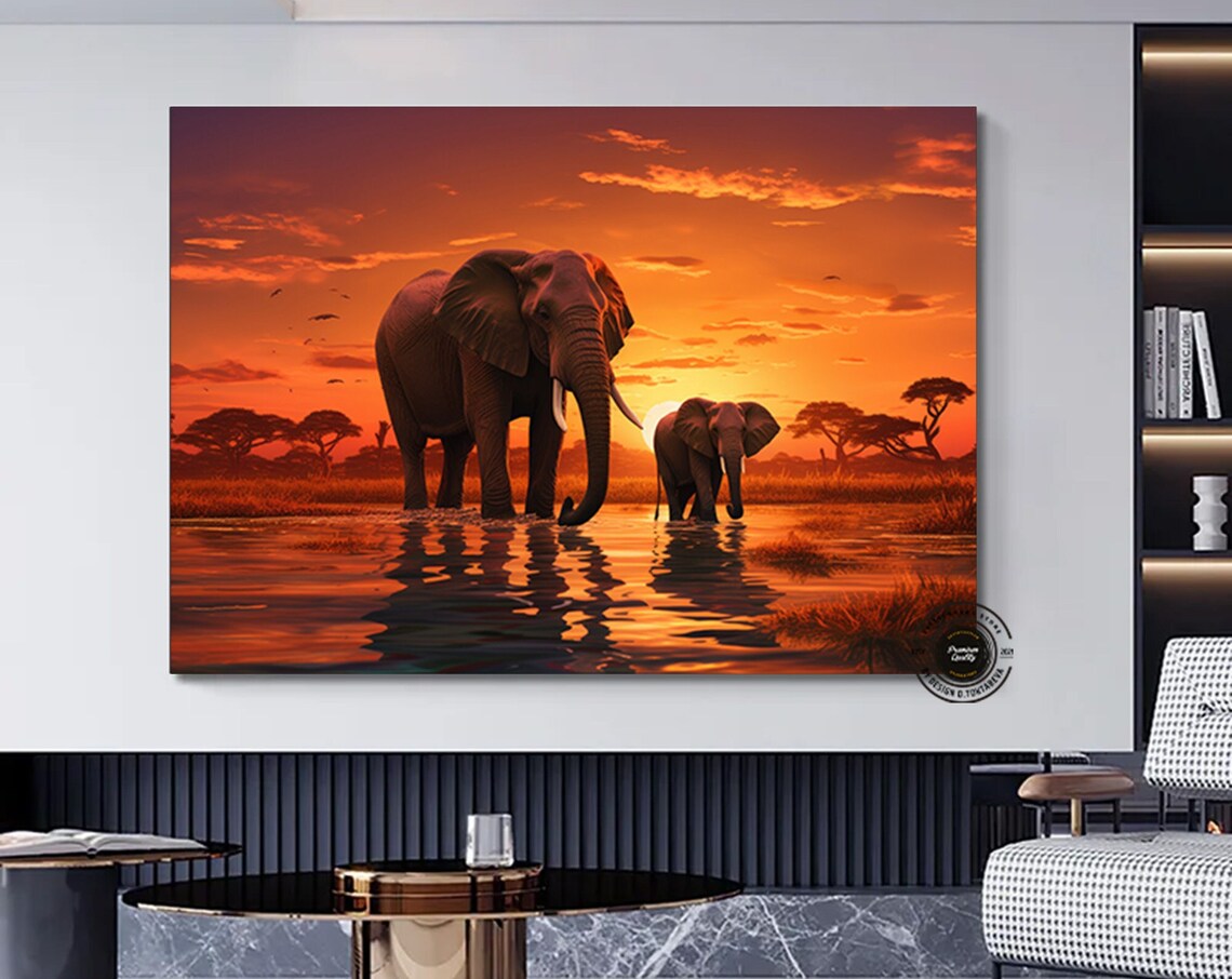 Elephants at Sunset African Savanna Watering Hole Art Poster