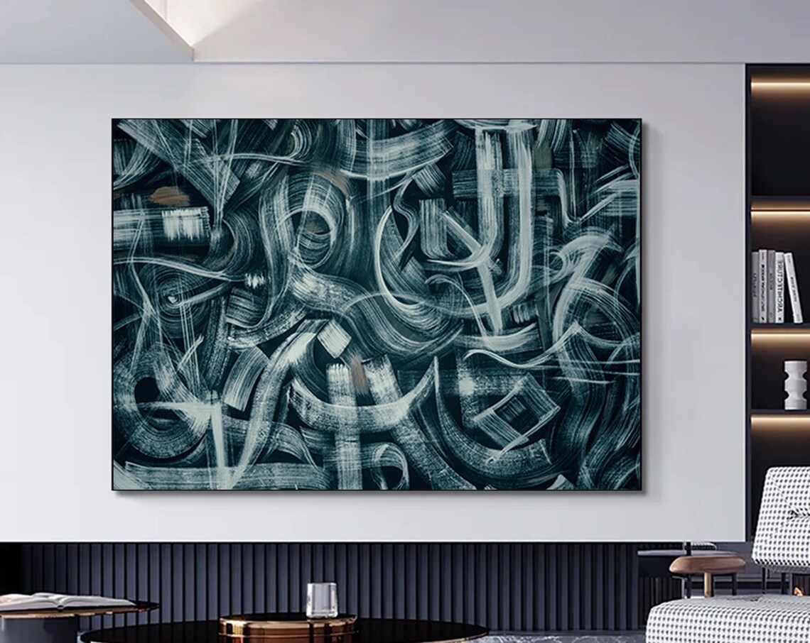 Teal Calligraphy Brush Stroke Abstract Dark Modern Ink Art Poster