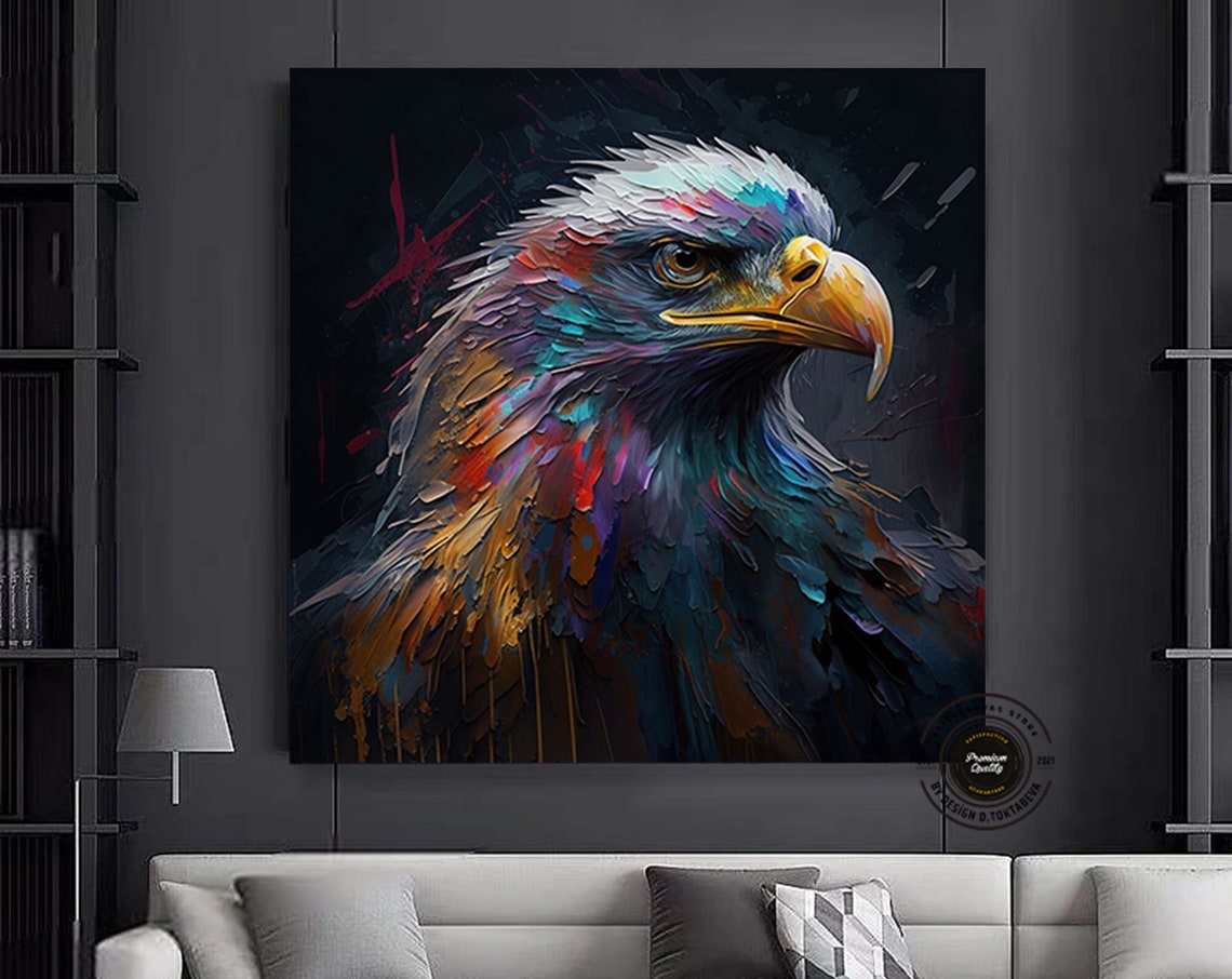 Bald Eagle Head Colorful Abstract Feather Painting on Dark Poster