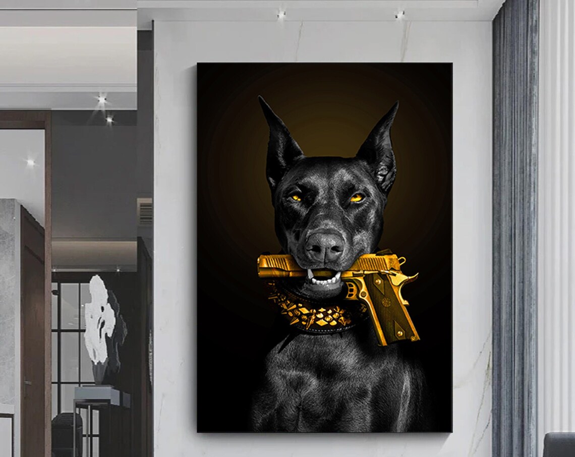 Black Doberman Golden Gun Guard Dog Edgy Street Art Style Poster