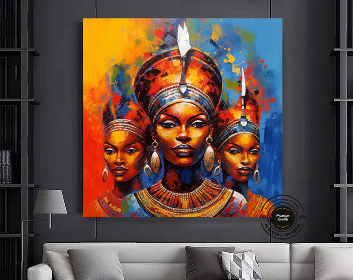 Three African Women Ornate Headdresses Vibrant Portrait Art Poster