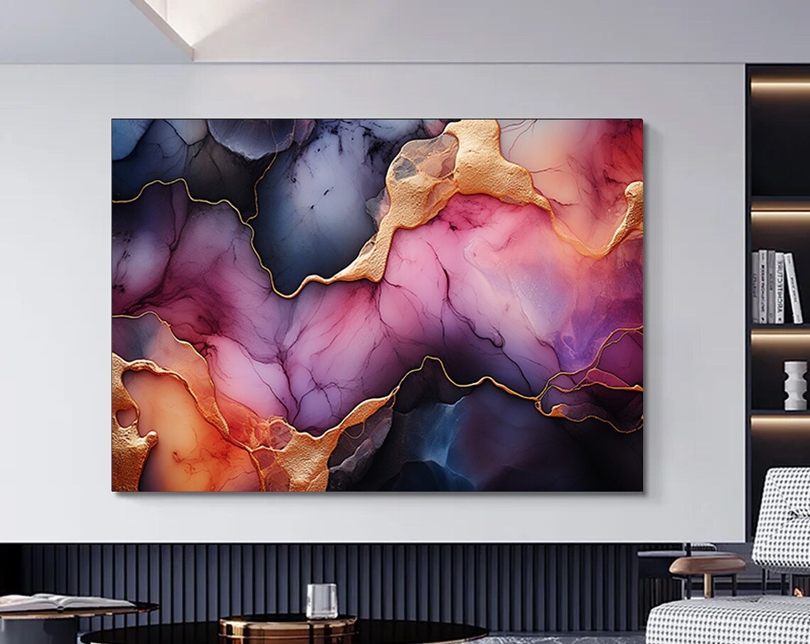 Abstract Marble Alcohol Ink Gold Veins Pink Purple Luxury Art Poster