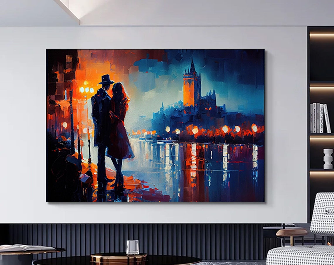 Romantic Couple Riverside Night City Clock Tower Painting Poster
