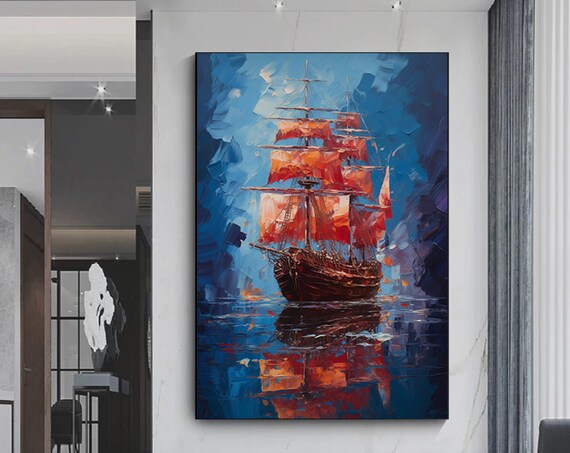 Tall Ship Red Orange Sails Deep Blue Sea Nautical Sailing Poster