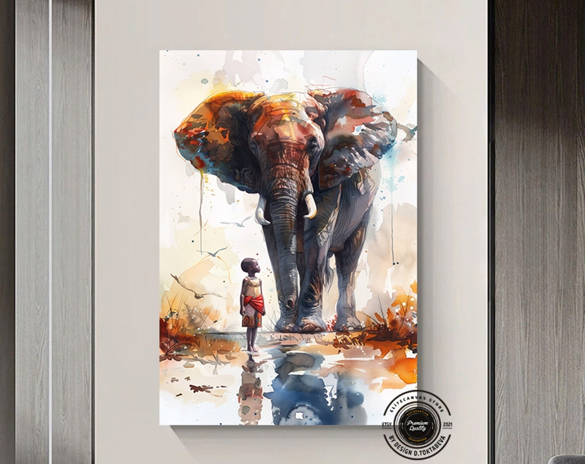 African Tribal Child And Elephant Wall Painting Art Design Contemporary