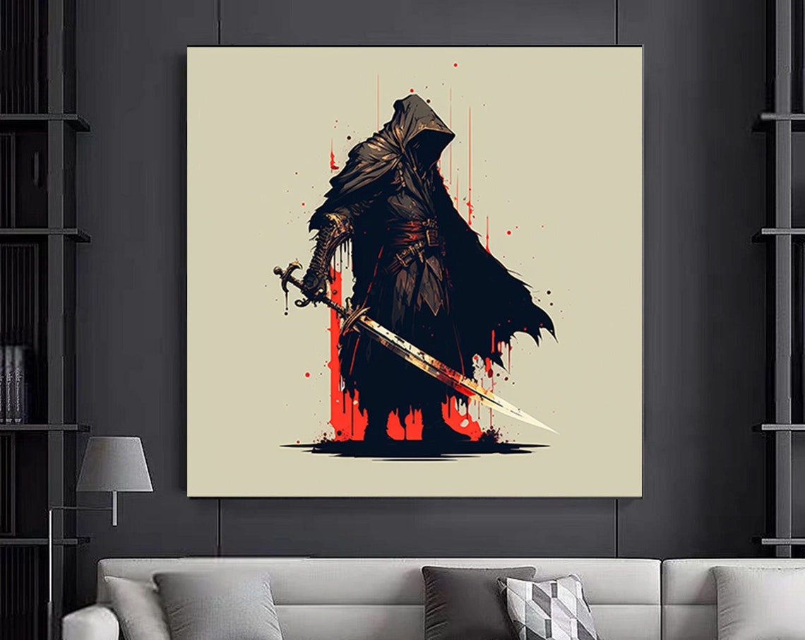 Hooded Samurai Warrior Sword Red Ink Splatter Cinematic Art Poster