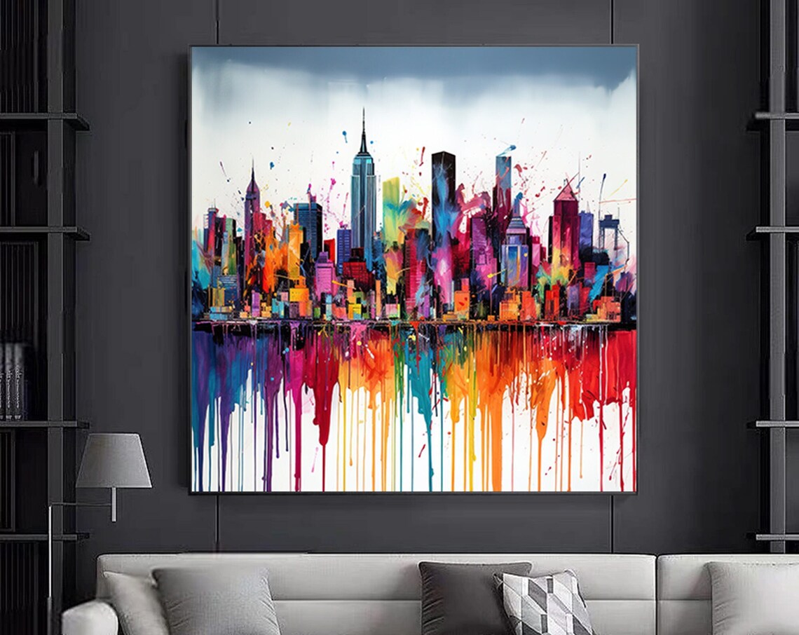 New York Skyline Rainbow Drip White Cheerful Cityscape Art Poster