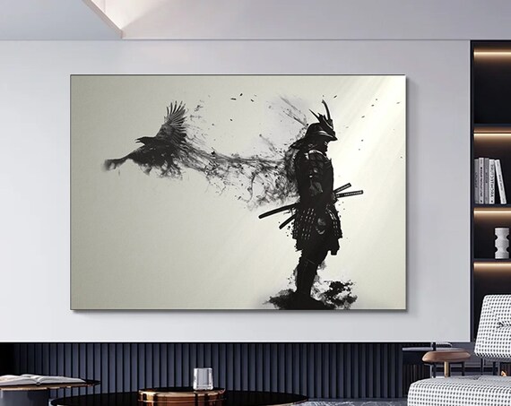 Samurai Warrior Dissolving Into Crow Japanese Ink Brush Poster