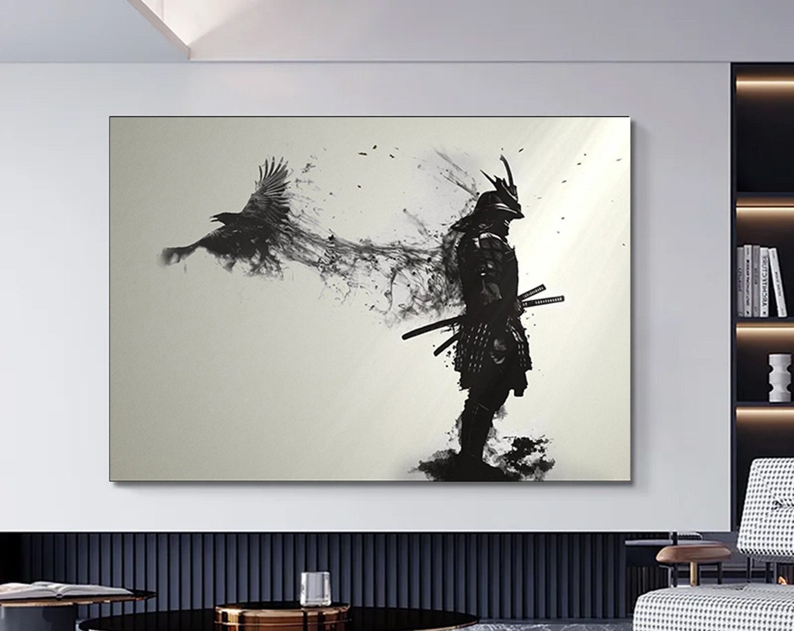 Samurai Warrior Dissolving Into Crow Japanese Ink Brush Poster
