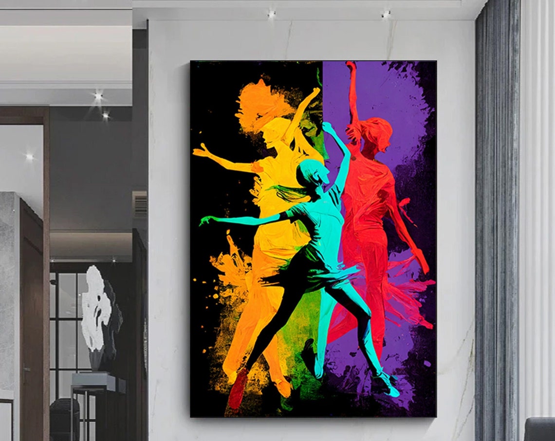 Three Neon Dancers Silhouette Colorful Rhythm Motion Art Poster