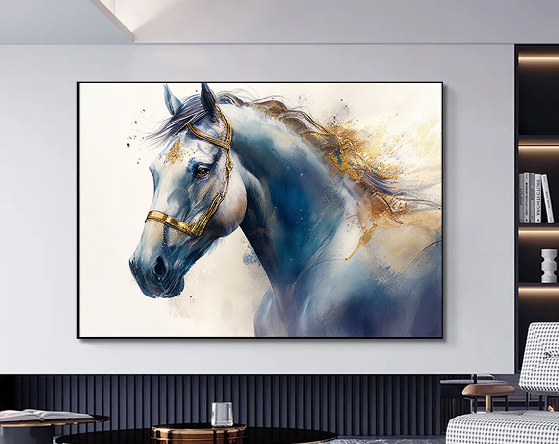 Watercolor Blue And Gold Horse Art Print