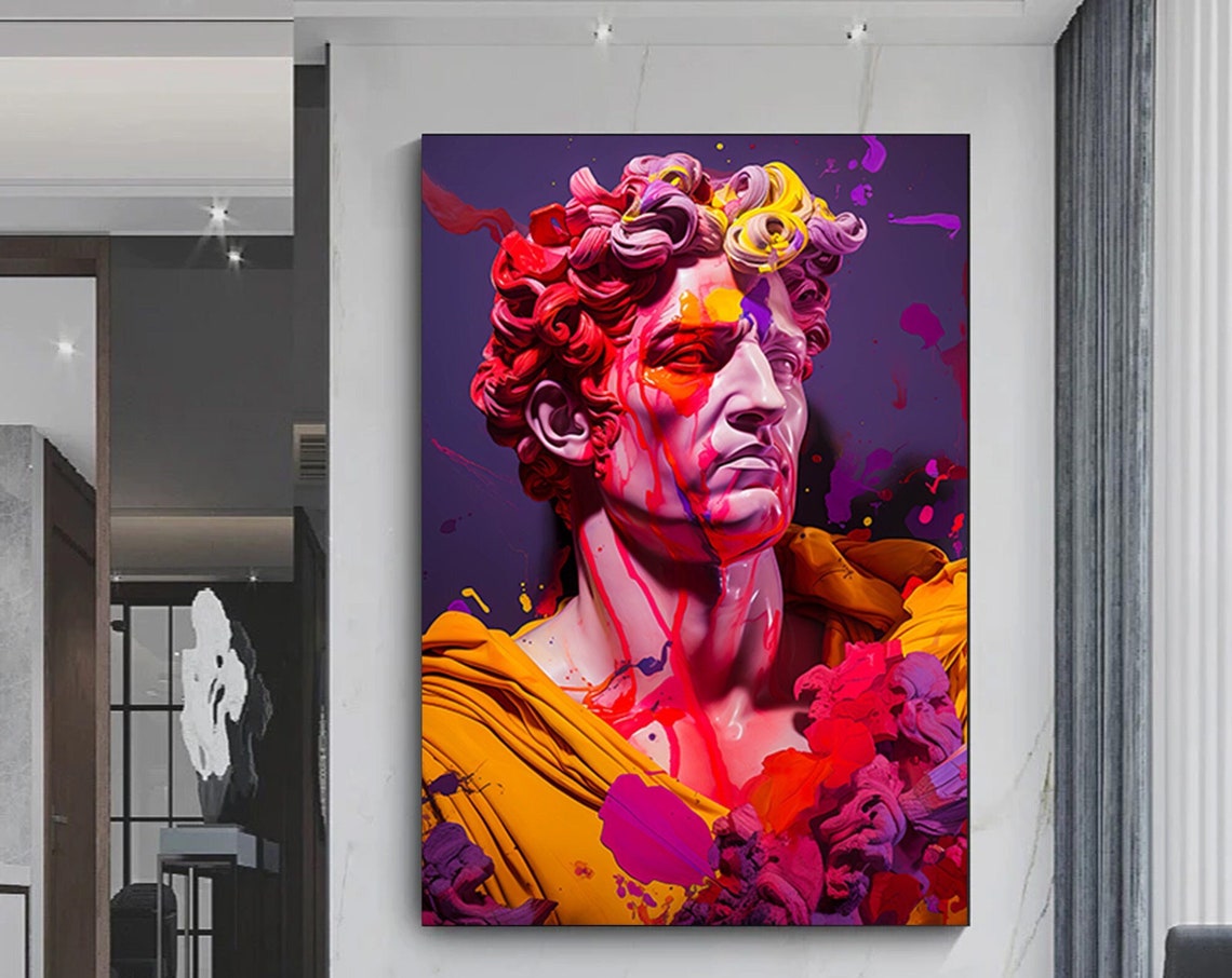 Michelangelo David Bust Neon Graffiti Paint Splash Classical Poster